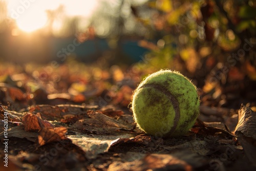 Fall Tennis: Tennis Ball resting on Dry Leaves near Tree at Sunset