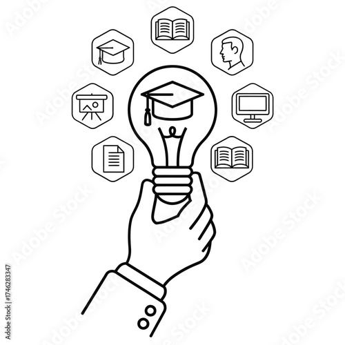 Hand holding lightbulb with graduation cap and educational icons