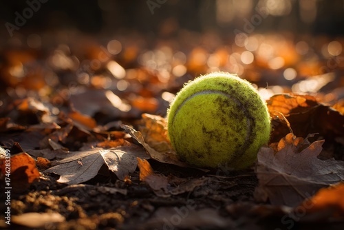 Fall Tennis. Traditional Tennis Ball with Dry Leaves in Sunlight