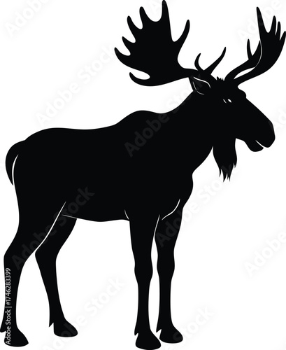 Majestic bull moose with large antlers standing in profile as a bold black silhouette on white background