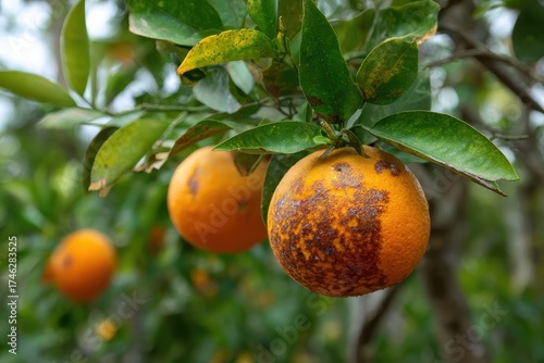 Florida Citrus Grove: Ripe Oranges on Tree Branches with Damage from Citrus Greening