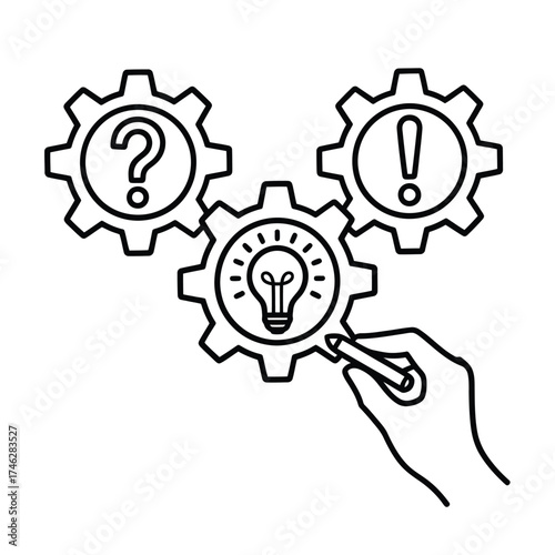 Hand drawing gears with question mark lightbulb and exclamation point