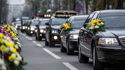 Funeral Procession. Death, Mourning and Family Gathered for Car Service
