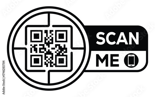Minimalist black and white QR code icon with “Scan Me” label and smartphone symbol. Clean modern design ideal for digital access, marketing, payments, and contactless technology concepts.