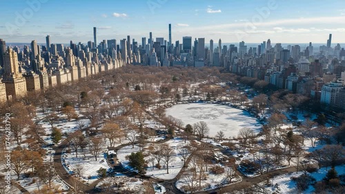 Aerial view of central park in new york city during winter with snow