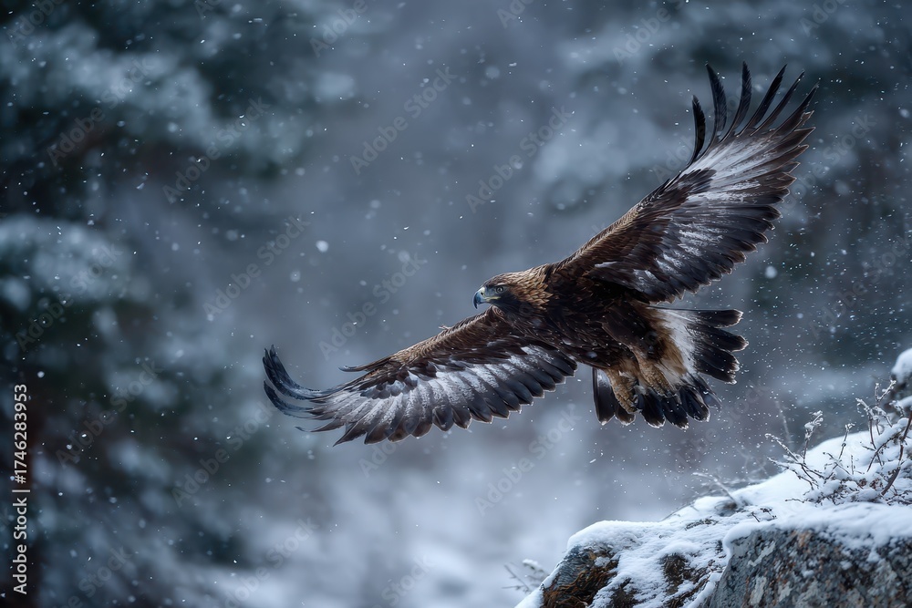 Fototapeta premium Golden Eagle Snow. Majestic Eagle Flying over Snowy Woodland in Winter Wildlife