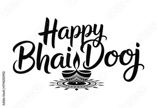 Happy bhai dooj festival greeting with decorative diya and intricate rangoli design