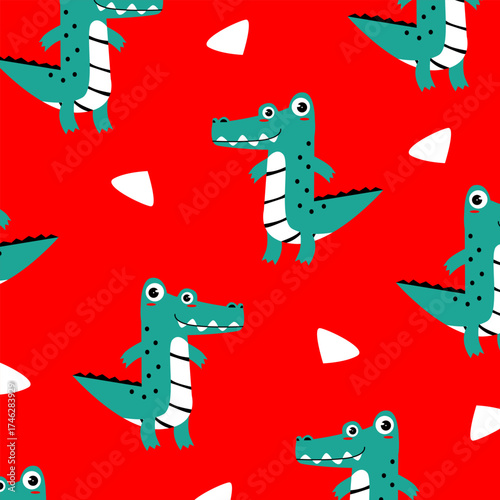 green crocodile cute cartoon seamless pattern vector design for fullprint fabric kids apparel