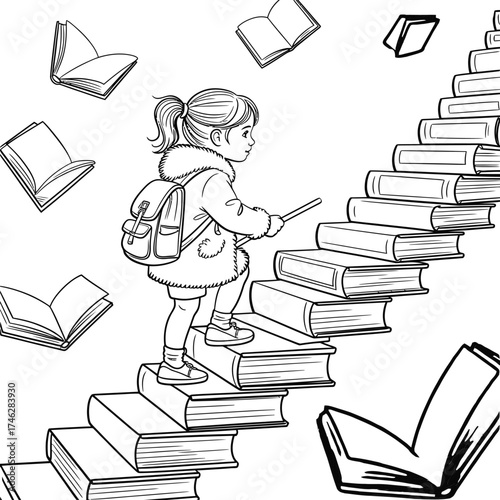 Young student climbs stairs made of books to reach for knowledge