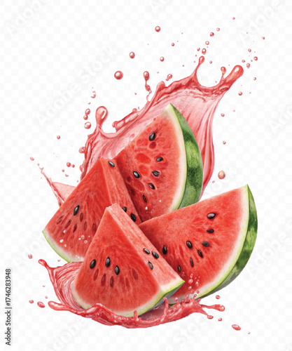 fresh watermelon slices  fruit with  Juice splash in different style isolated on transparent background