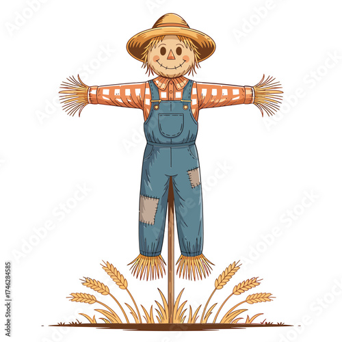 Happy scarecrow standing in a field of wheat