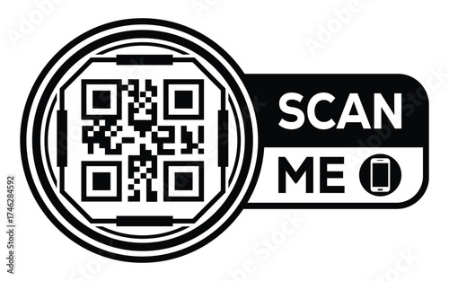 Minimalist black and white QR code icon with “Scan Me” label and smartphone symbol. Clean modern design ideal for digital access, marketing, payments, and contactless technology concepts.