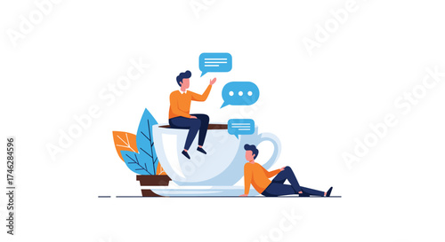 Two people communicate in a large coffee cup with speech bubbles.