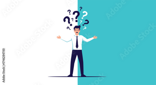 A confused businessman stands with his arms out and question marks floating above his head.