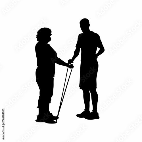 Silhouette of physical therapist with athlete using resistance bands isolated on white background