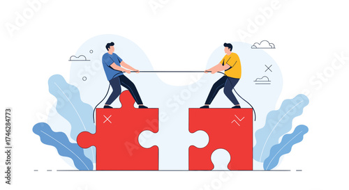 Two people pulling on a rope over a gap between puzzle pieces.