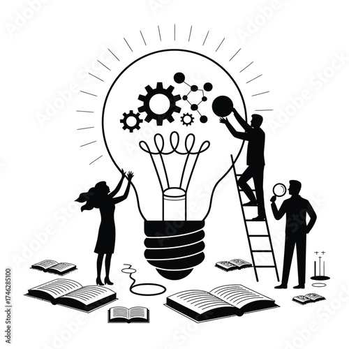 Teamwork building a bright idea inside a giant lightbulb illustration
