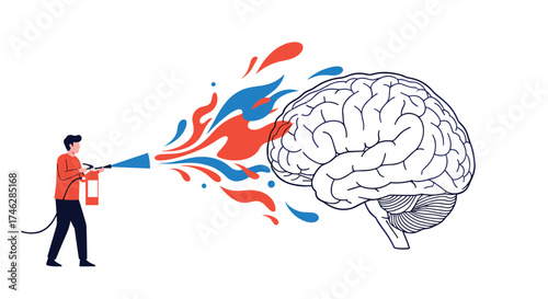 Creative inspiration spraying into a human brain with a fire extinguisher.