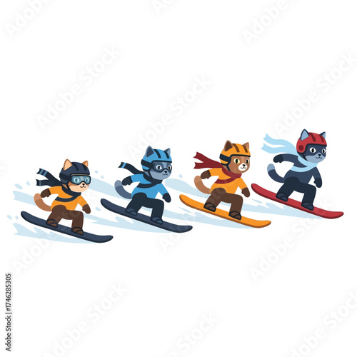 Four cartoon cats snowboarding down a snowy slope, wearing helmets, goggles, and scarves.