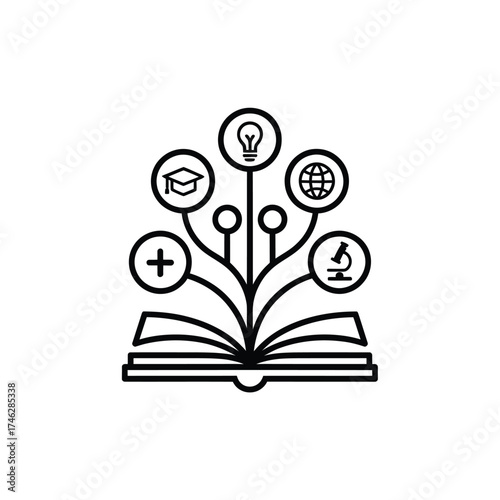 Open book with educational icons symbolizing knowledge and learning