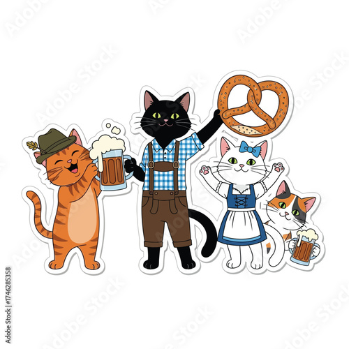 Cartoon cats celebrating Oktoberfest: one holds a beer, another a pretzel, and all are dressed in traditional Bavarian attire.