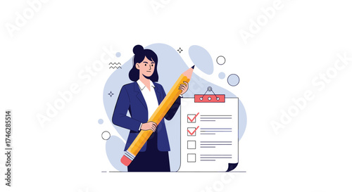 A businesswoman holds a giant pencil next to a checklist on a clipboard.