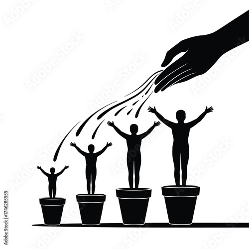 Hand watering growing human figures in pots symbolizing growth and development