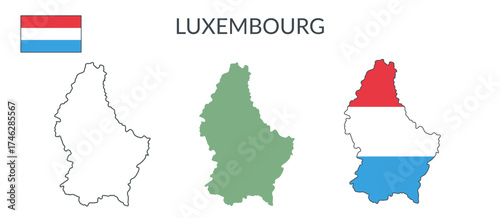 Luxembourg country geographical borders isolated on white background. Flag of Luxembourg. Vector flat cliparts.