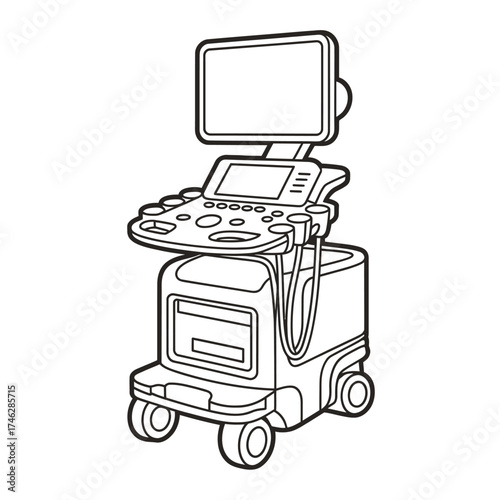 Line drawing of a medical ultrasound machine on wheels