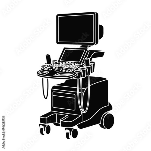 Medical ultrasound machine on wheels with screen and keyboard