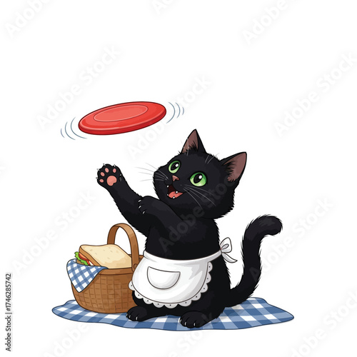 A playful black cat wearing an apron, catching a frisbee near a picnic basket.