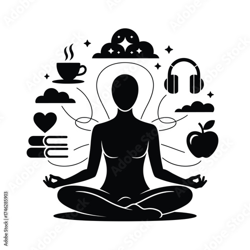 Silhouette of person meditating surrounded by symbols of well being and knowledge