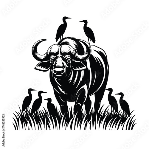 African buffalo with birds in grassy field silhouette