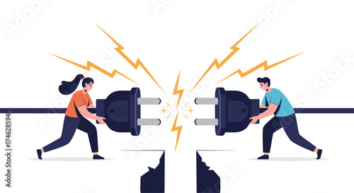 Two people connecting power plugs with sparks flying.