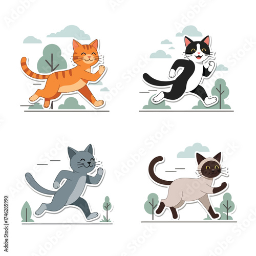 Four cartoon cats of different colors running happily in a park with trees and clouds.