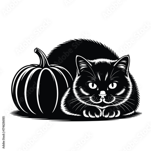 Black cat with pumpkin illustration for halloween