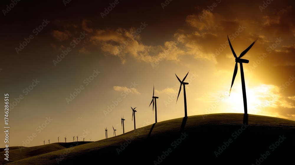 Obraz premium Wind turbines on hilltop generating clean renewable energy during sunset, sustainable power production with scenic golden sky and environmental conservation concept