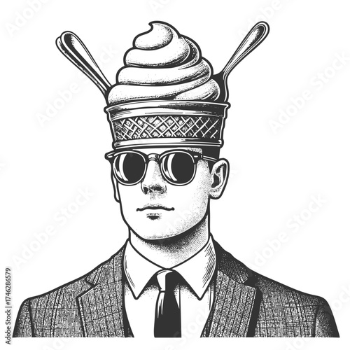 man in a suit wearing sunglasses and a cup of soft serve ice cream as a hat with spoons sketch engraving generative ai fictional character vector illustration. Scratch board. Black and white image.