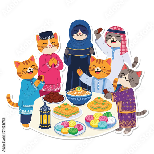 Cartoon cats dressed in traditional Muslim clothing gather around a table with various foods, celebrating a holiday.
