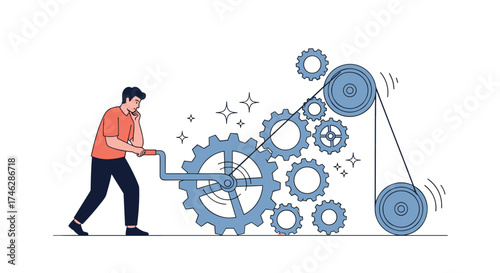 A man is operating a crank to turn a complex gear system that is powering a pulley system.