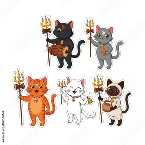 Five cartoon cats dressed as Hindu deities, holding tridents and objects like a drum, bell, and pot.