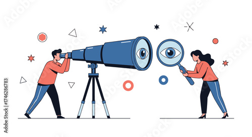 Two people using a telescope and a magnifying glass to look for something.