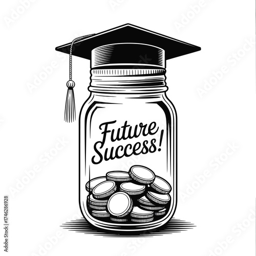 Graduation cap on jar filled with coins symbolizing future success