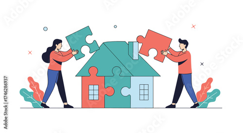 Two people assemble a house jigsaw puzzle together.