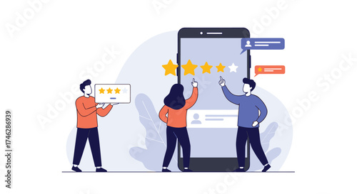Customers review products on a mobile phone with star ratings and feedback.
