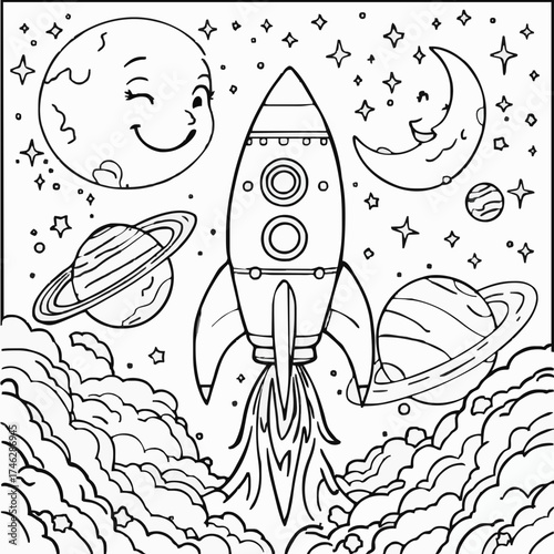 “Black and white vector rocket illustration for children’s coloring pages, educational and fun line art.”. Rocket coloring page vector. Rocket outline for kids coloring. Vector rocket drawing for colo