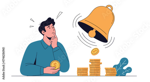 A man looking at coins and a bell ringing over stacks of money.
