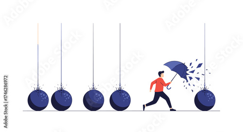 A man holding an umbrella tries to protect himself from falling wrecking balls.