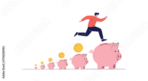 A man jumping over a series of piggy banks representing financial growth.
