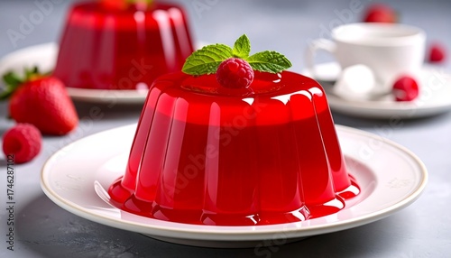 A vibrant red jelly dessert topped with mint and a fresh raspberry